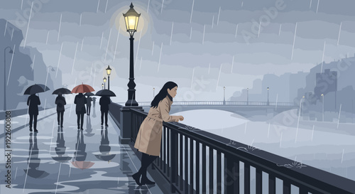 Woman in coat leaning on railing in the rain.