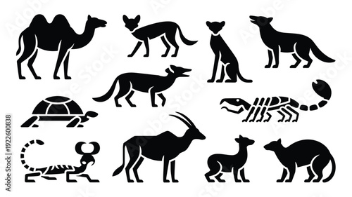 Black silhouettes of various desert animals and insects