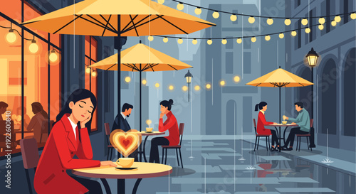 Woman in red jacket sitting at outdoor cafe table with glowing heart.