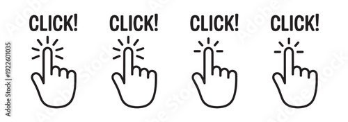 Hand finger pointer icons set with click text for user interaction and interface development on website pages