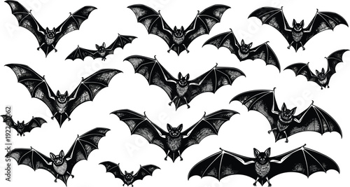 Vintage black bat vector set featuring various flying poses with detailed engraving texture for Halloween decorations and spooky gothic design projects