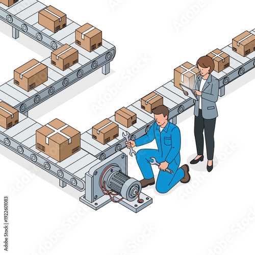 Industrial maintenance worker repairing conveyor belt with supervisor overseeing operation.