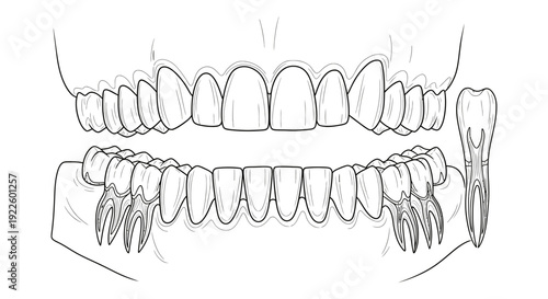 A detailed black and white anatomical drawing illustrating a full set of human teeth and jawbone structure.