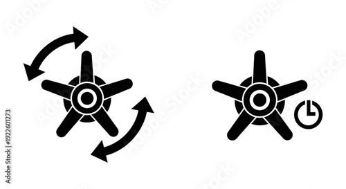 Two monochromatic icons illustrating a propeller, one showing rotation and the other a timed function.