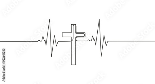 A powerful black and white single line drawing combining an ECG heartbeat with a Christian cross.