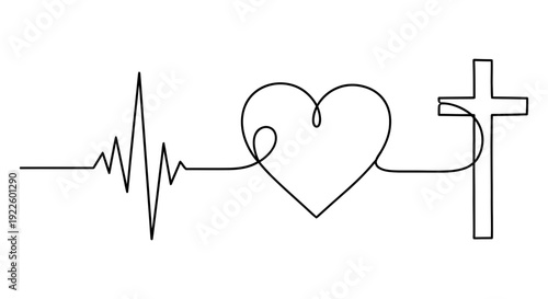 A continuous single line drawing illustrating a heartbeat, a heart, and a Christian cross seamlessly connected.