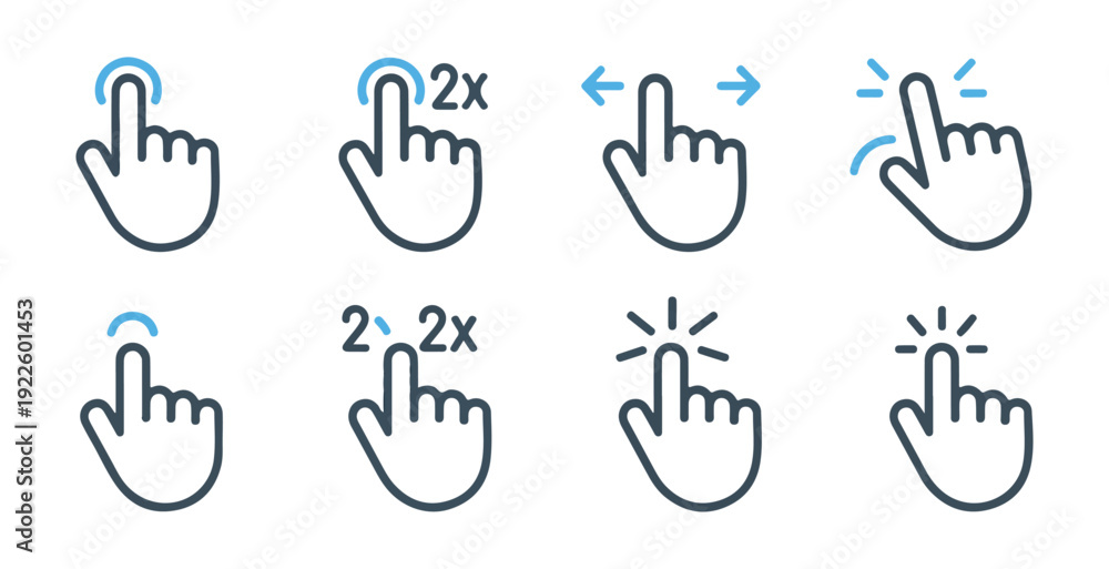 Fototapeta premium Mobile touch gestures collection with double tap and swipe indicators for user interface interactive guidance
