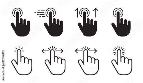 Set of hand gesture icons with touch, click, swipe, and drag actions for digital interfaces