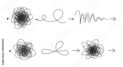 Abstract illustrations showcase two processes of unraveling complex messy lines into clear ordered paths.
