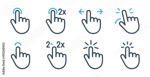 Mobile touch gestures collection with double tap and swipe indicators for user interface interactive guidance
