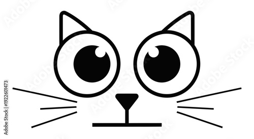 A charming and minimalist black and white cartoon cat face with expressive large eyes.