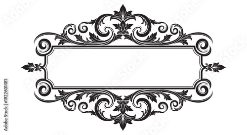 An elaborate vintage-style frame with intricate floral and scrollwork details surrounding a blank rectangular space.