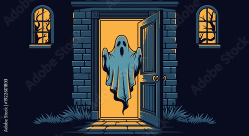 A spooky ghost emerges from an open doorway of a brick house at night, with eerie windows showing bare trees.