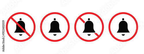 Icon set without bell. Prohibition or cessation of ringing and sound. Notification of prohibition and noise. Vector illustration