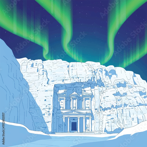 Ice hotel room in winter landscape.