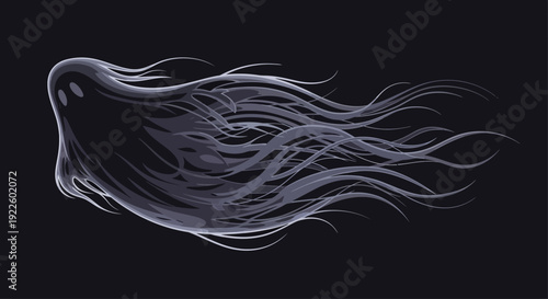 Ethereal translucent ghost with flowing wispy trails against a dark background, evoking mystery and the supernatural.