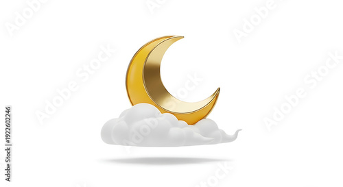 Free Download Golden Crescent Moon on White Cloud, Islamic Ramadan 3D Icon - GFXLoad