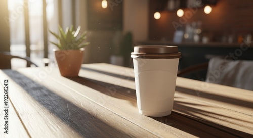 Wallpaper Mural A white coffee cup sits on a wooden table with a plant in the background. Torontodigital.ca