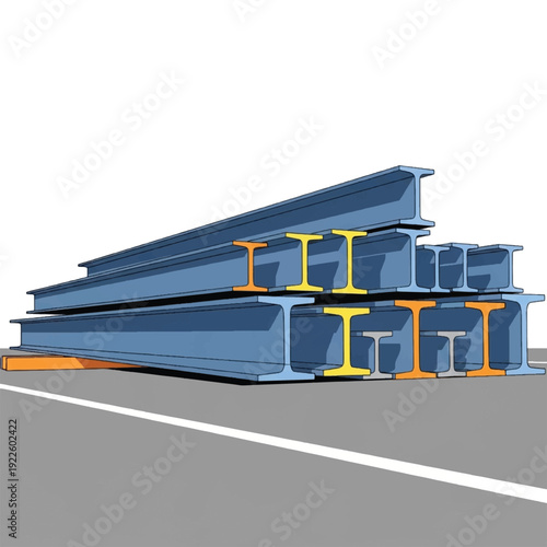 Steel I beams stacked together outside.