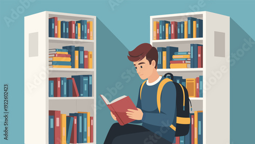 Cartoon man reading red book surrounded by white bookshelves in a minimalist design vector illustration