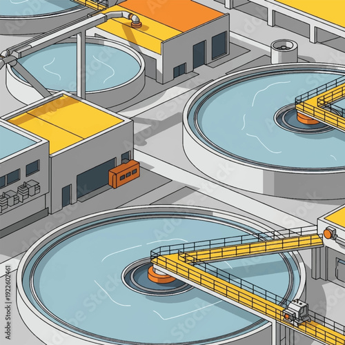 Industrial water treatment facility tanks.