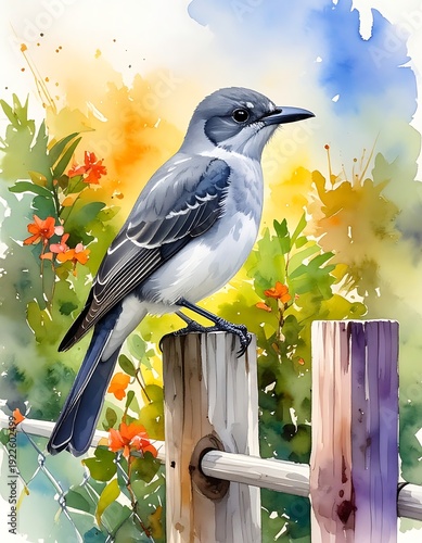 Watercolor bird perched on a fence post with colorful floral background on white paper, sunny day