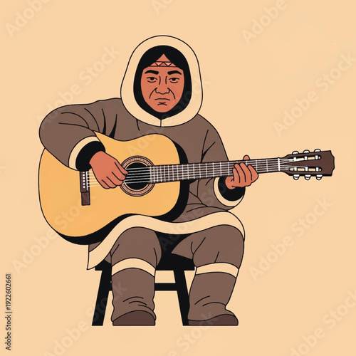 Inuit man playing acoustic guitar.