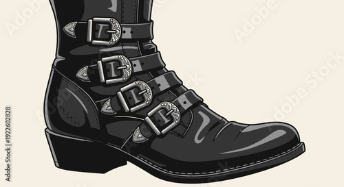 Detailed illustration of a black leather biker boot with multiple silver buckles and a pointed toe.