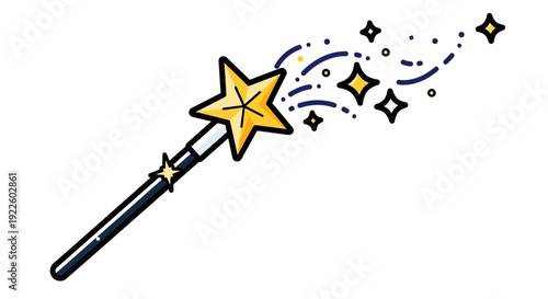 A cartoon illustration of a black magic wand with a golden star on top, emitting sparkling golden dust and blue wavy lines.