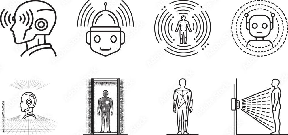 Naklejka premium Artificial Intelligence Humanoid Robot and Biometric Body Scanning Line Art Icons Set