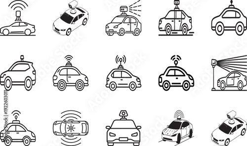 Autonomous Self Driving Car Line Art Icons Set for Smart Vehicle Technology and Navigation