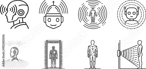 Artificial Intelligence Humanoid Robot and Biometric Body Scanning Line Art Icons Set