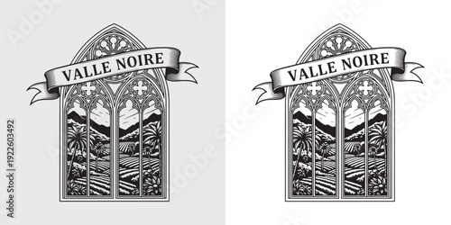 Vintage Gothic Window Arch Illustration with Tropical Landscape and Valle Noire Ribbon