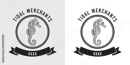 Vintage Seahorse Nautical Logo with Tidal Merchants Ribbon and Rope Border