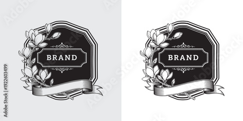 Ornate Magnolia Flower Shield Emblem with Brand Name Placeholder and Ribbon