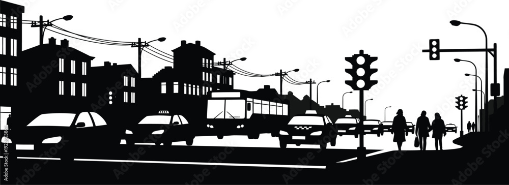 Obraz premium Black and white silhouette of a bustling city street scene