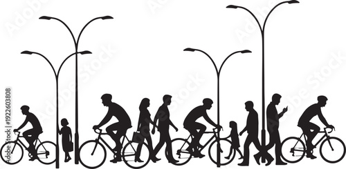 Silhouetted figures cycling and walking under street lamps at dusk