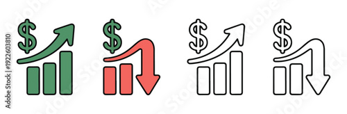 Financial growth chart with dollar sign and arrow symbol, financial decline chart, growth outline, and decline outline