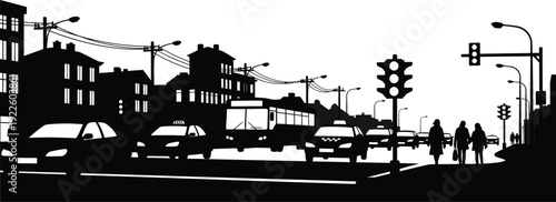 Black and white silhouette of a bustling city street scene