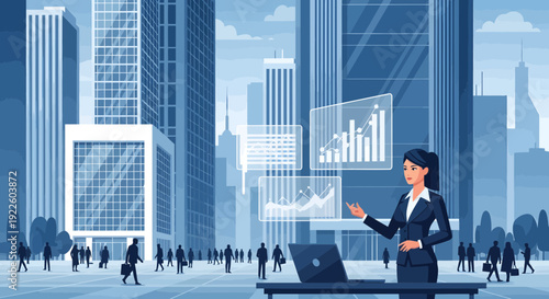 Businesswoman presenting data with holographic interface in city.