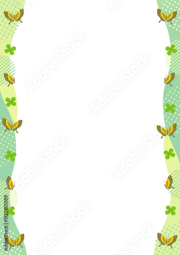 蝶とクローバーと幾何学模様と波の左右の縦型のフレーム_ 緑