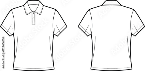 Classic polo shirt outline template with detailed stitching, front and back view vector mockup isolated on white background