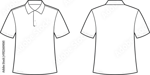 Men polo shirt outline template with front and back views, blank vector mockup isolated on white background