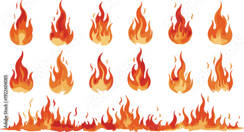 Set of realistic fire flames collection, blazing orange and red vector illustrations isolated on white background for design elements