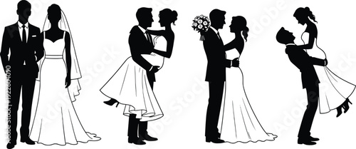 Wedding couple silhouettes collection featuring romantic bride and groom poses, elegant black vector illustration isolated on white background design