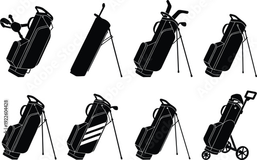 Golf bag silhouettes collection, standing carry bags and trolley cart set, black sports equipment vector illustration isolated on white background