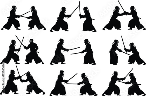 Kendo fighters silhouettes collection, Japanese samurai sword duel action poses set, martial arts combat vector illustration isolated on white background