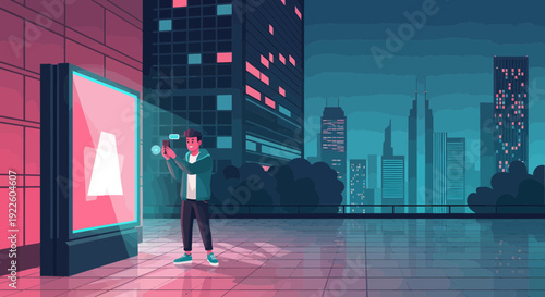 Man interacting with a large digital screen in a futuristic urban setting.