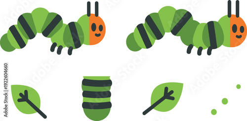 Cute Green Caterpillar Cartoon Character Vector Set with Cocoon and Leaves Isolated on White Background for Kids Nature Design