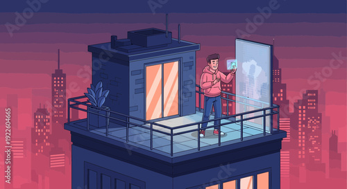 Man on a rooftop balcony interacting with a large digital screen.